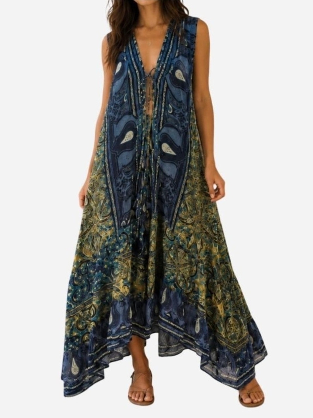 Soft Silk Blend Bohemian Deep Plunge Tie Front Maxi Dress